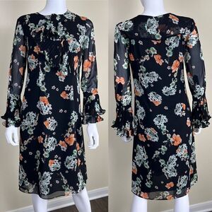 Mikael Aghal Women's Size 2 Floral Ruffle Pleated Sheer Dress Chiffon Victorian